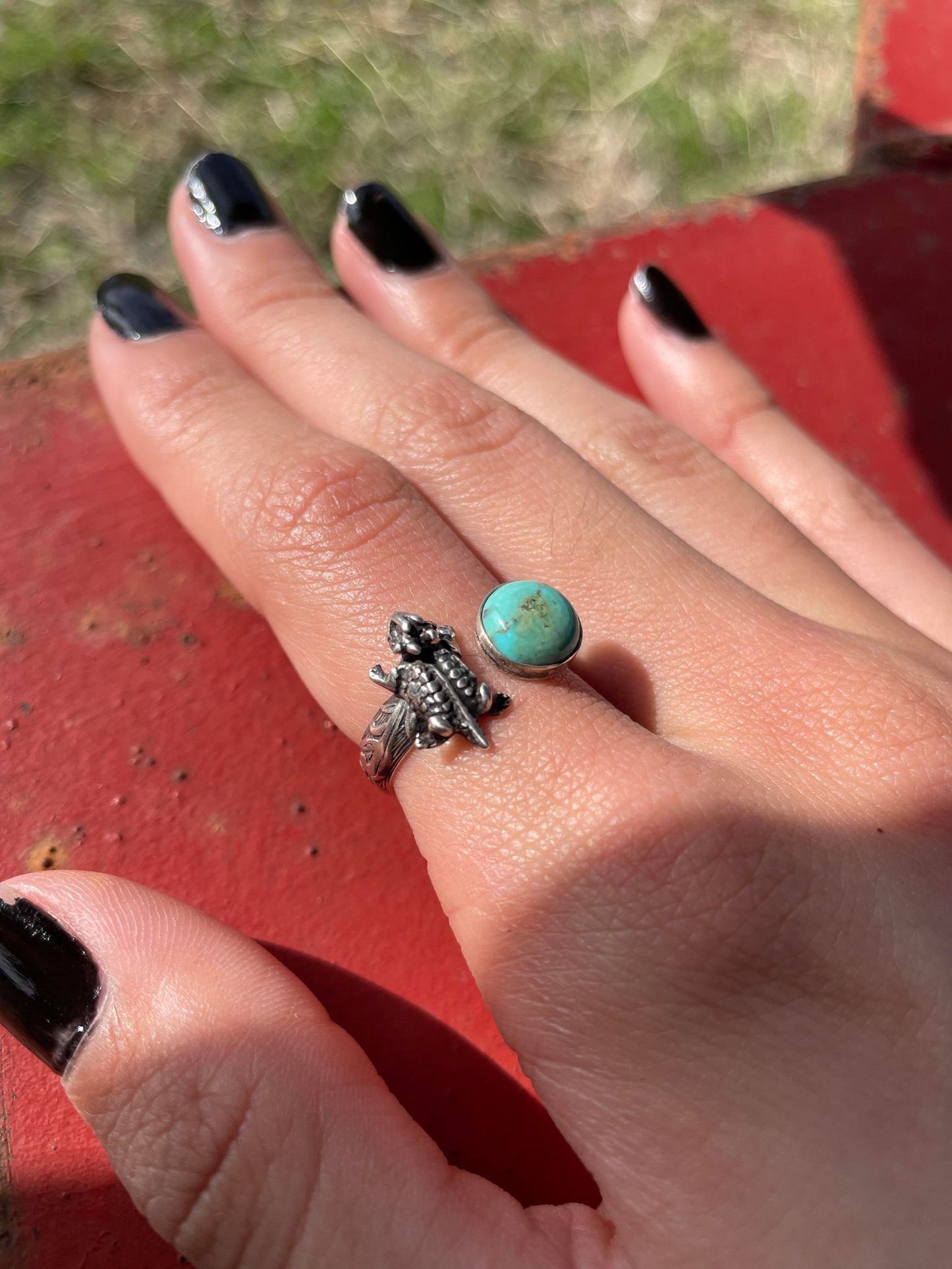 Sterling Silver Open Horned Toad Turquoise Ring