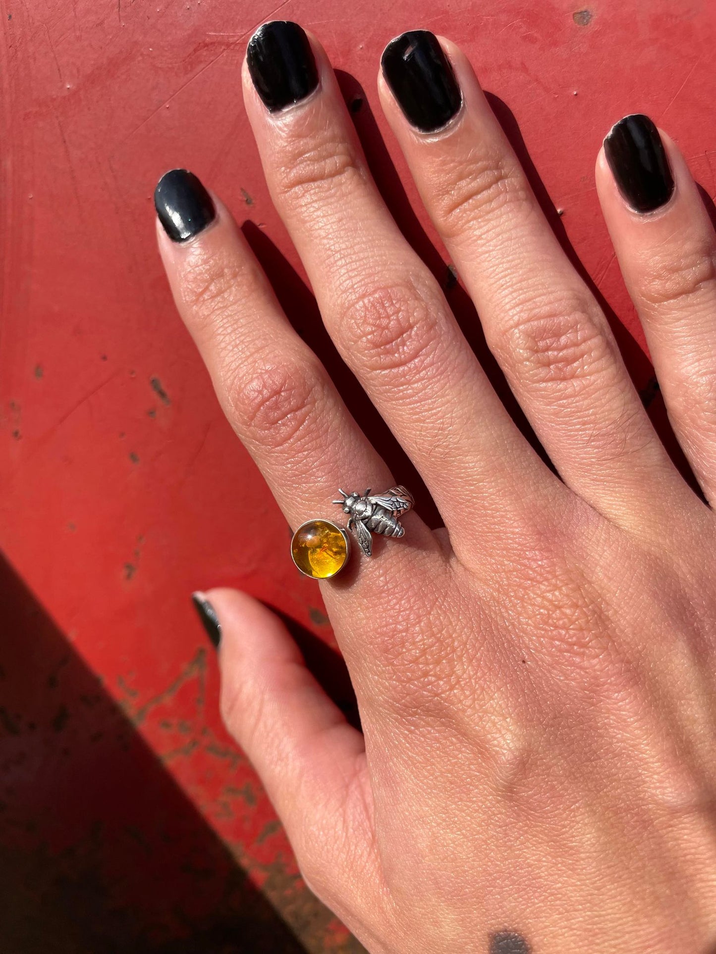 Sterling Silver Honey Bee Amber Ring