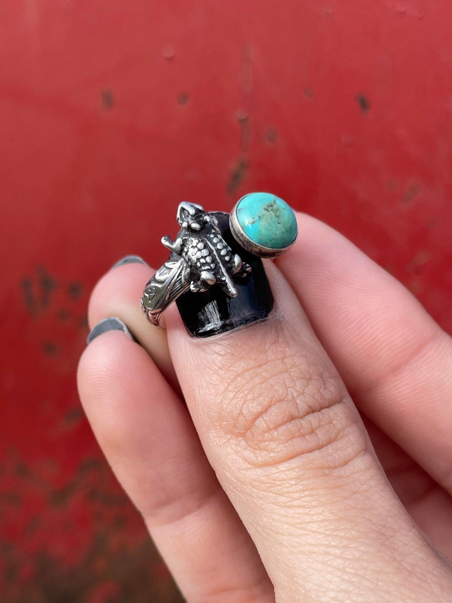 Sterling Silver Open Horned Toad Turquoise Ring