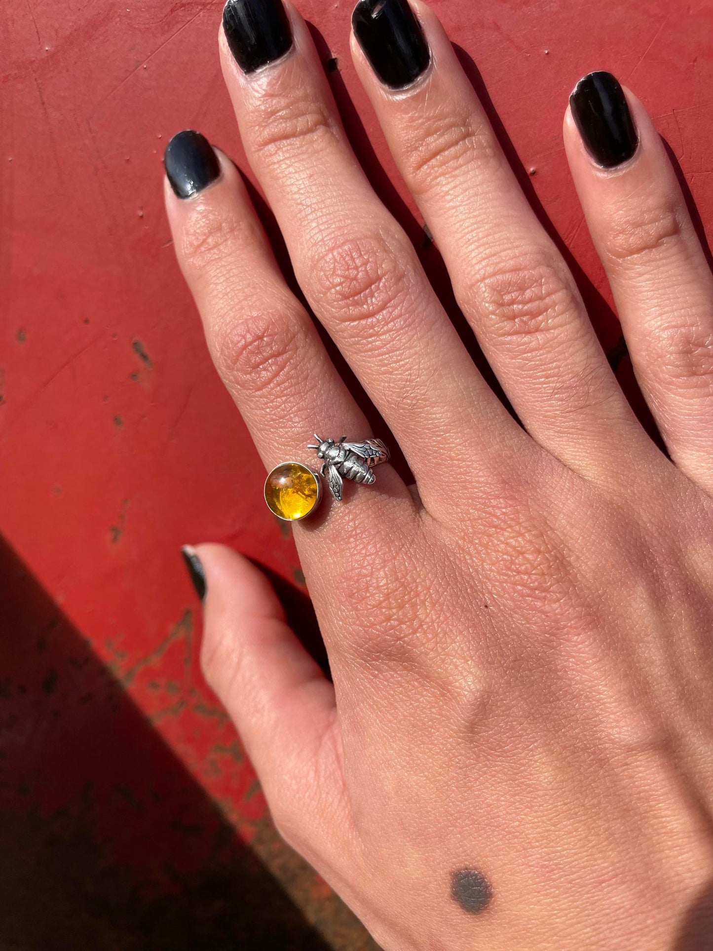 Sterling Silver Honey Bee Amber Ring