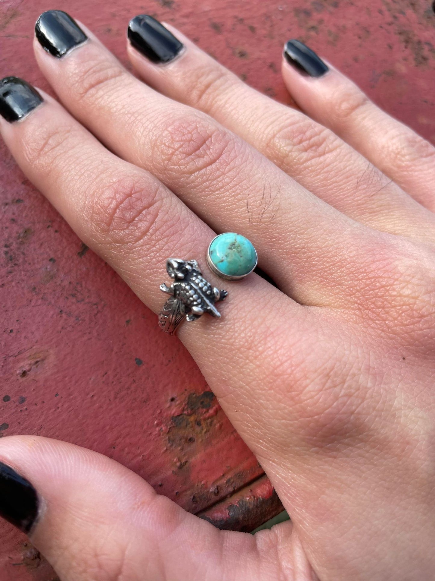 Sterling Silver Open Horned Toad Turquoise Ring