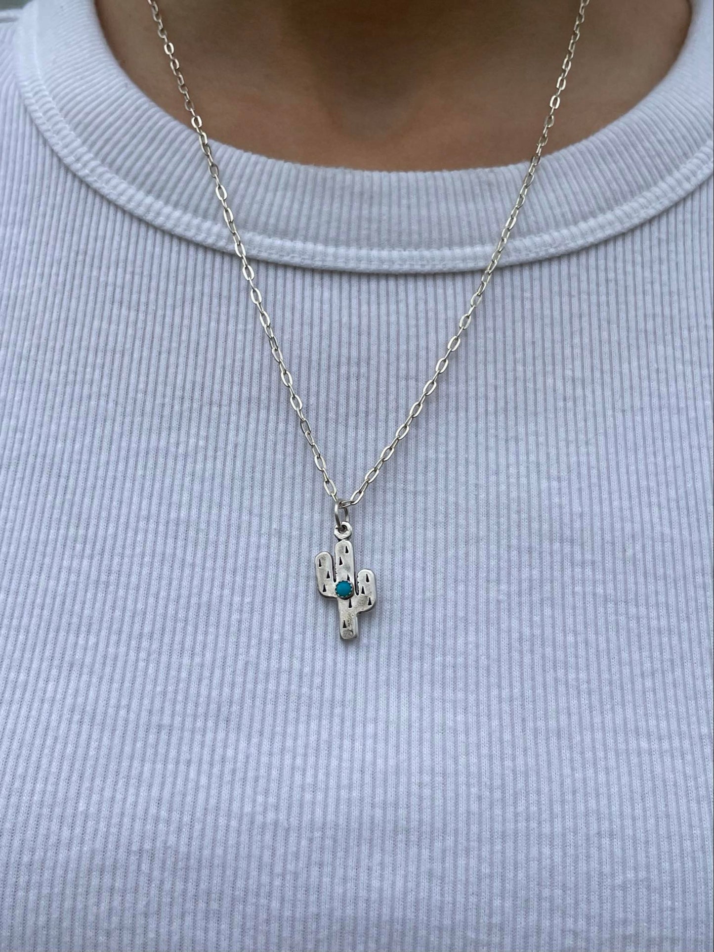 Sterling Silver Saguaro Cactus & Turquoise Pendant Necklace