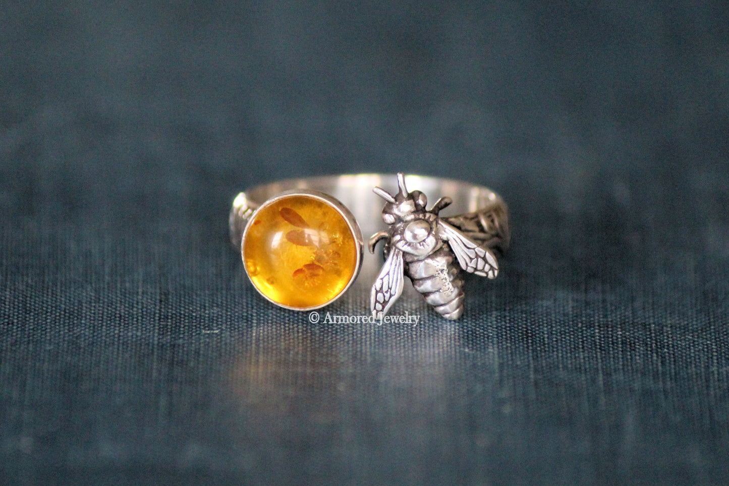 Sterling Silver Honey Bee Amber Ring