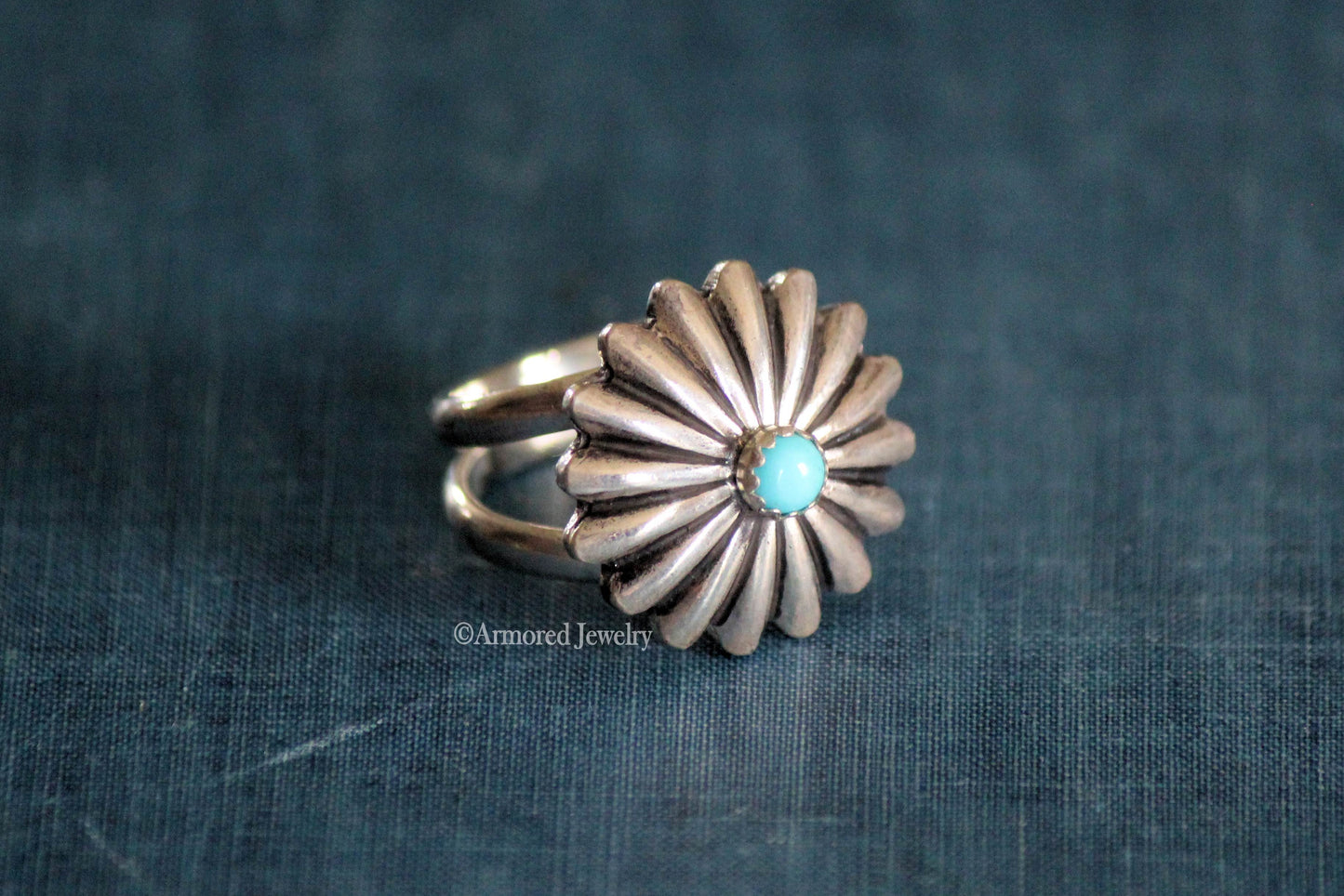 Sterling Silver Double Band Flower Turquoise Concho Ring