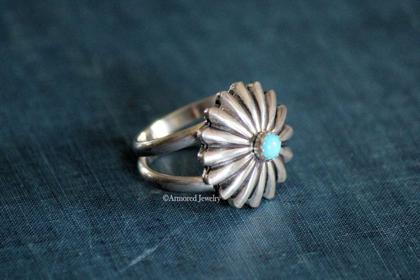 Sterling Silver Double Band Flower Turquoise Concho Ring