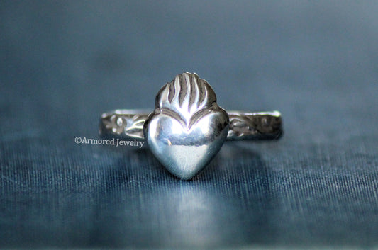 Sterling Silver Flaming Sacred Heart Ring
