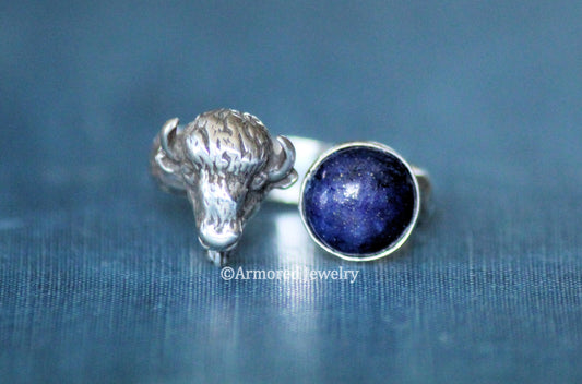 Sterling Silver Open Buffalo Head Lapis Ring