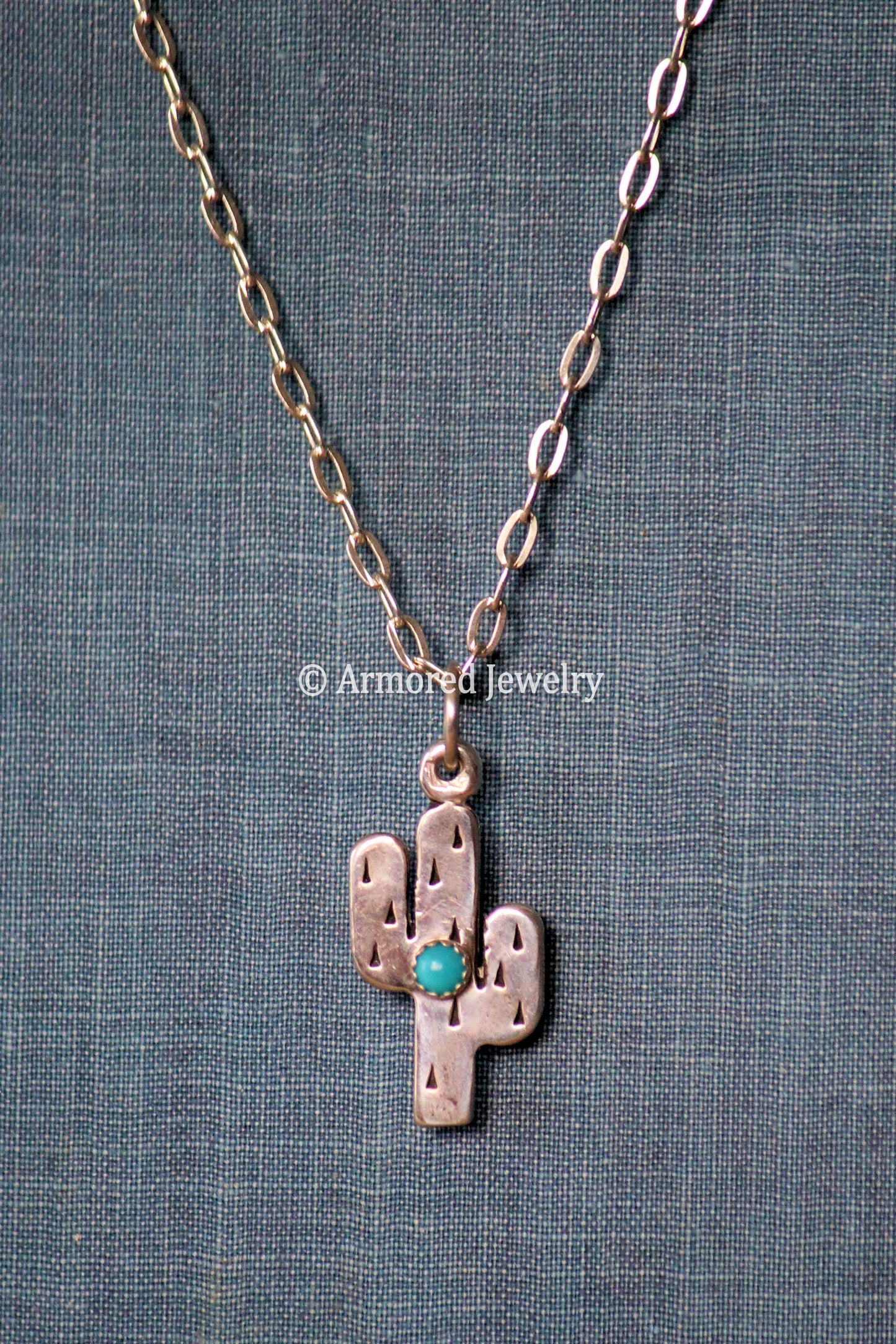 Sterling Silver Saguaro Cactus & Turquoise Pendant Necklace