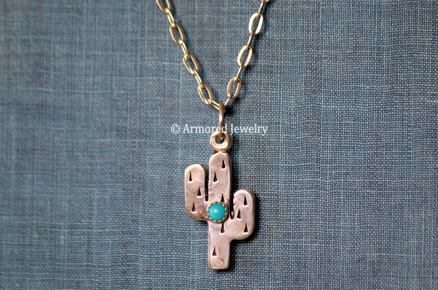 Sterling Silver Saguaro Cactus & Turquoise Pendant Necklace
