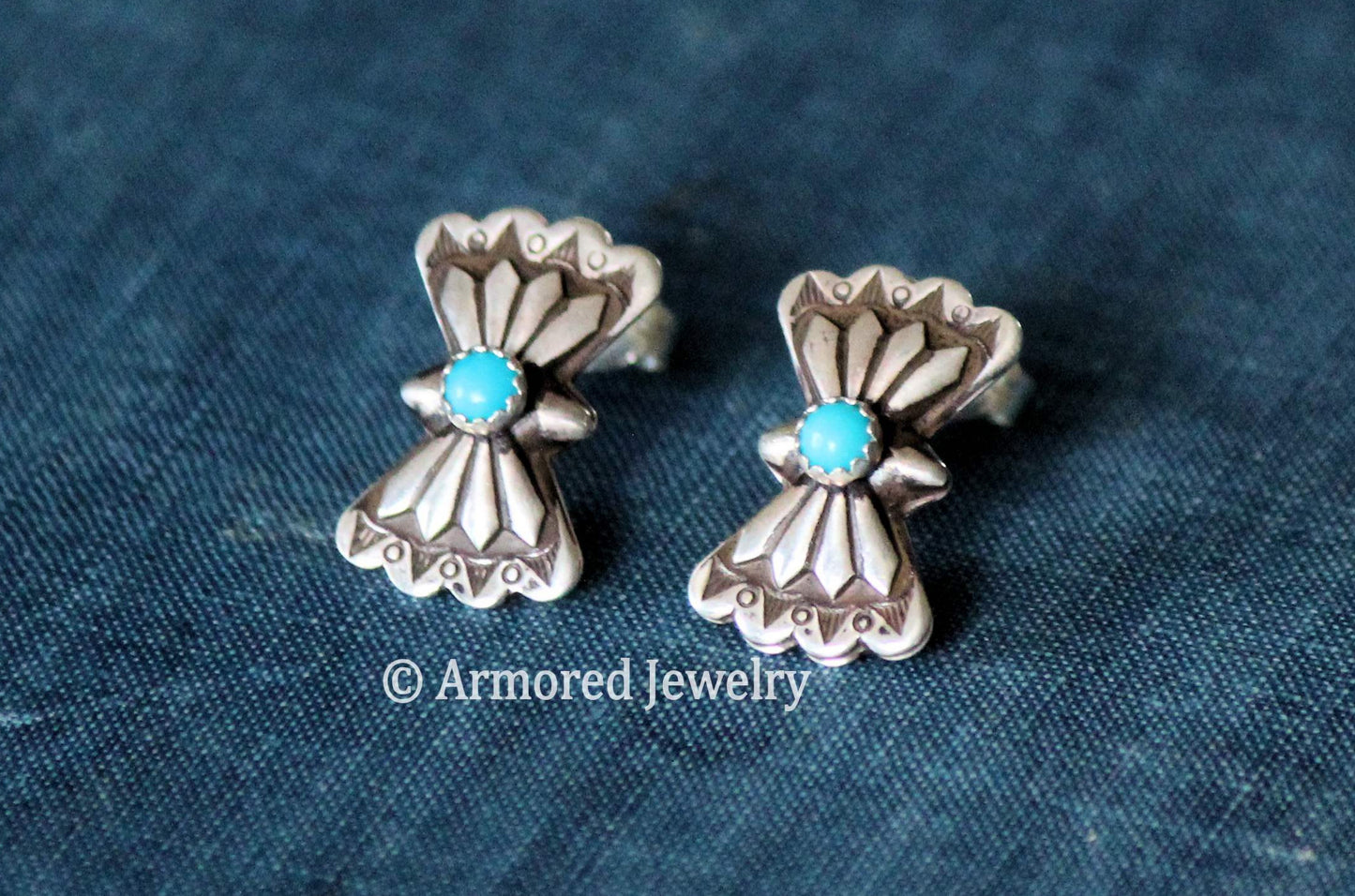 Sterling Silver Tiny Butterfly Concho & Turquoise Stud Earrings