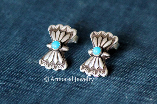 Sterling Silver Tiny Butterfly Concho & Turquoise Stud Earrings