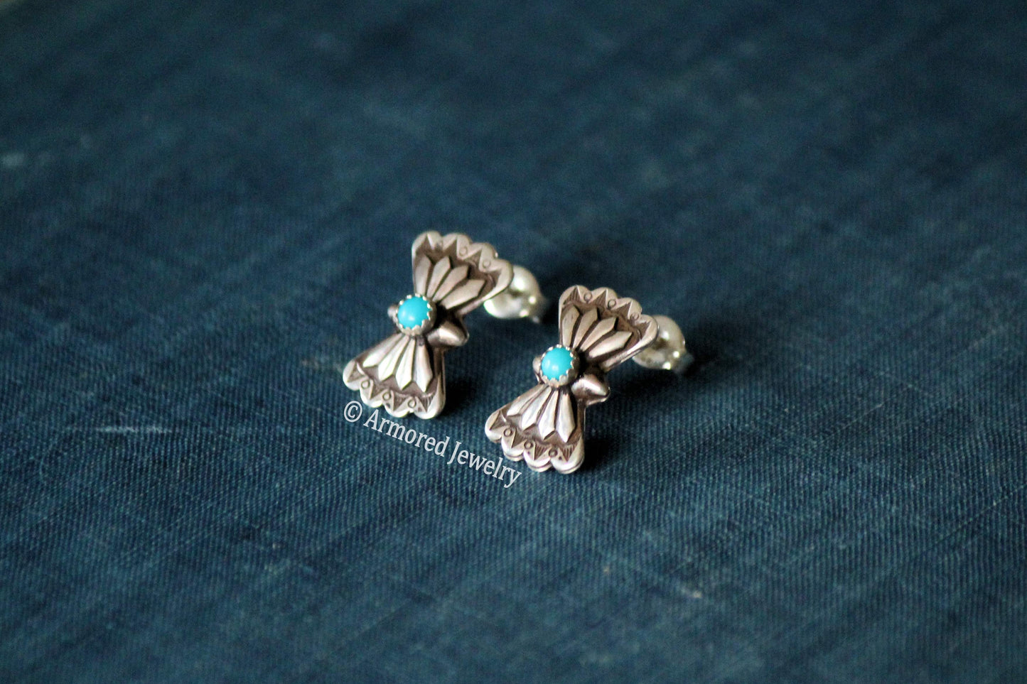 Sterling Silver Tiny Butterfly Concho & Turquoise Stud Earrings