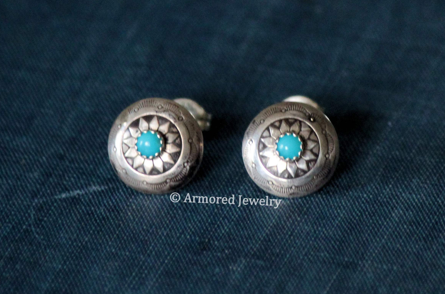 Sterling Silver Tiny Round Concho & Turquoise Stud Earrings