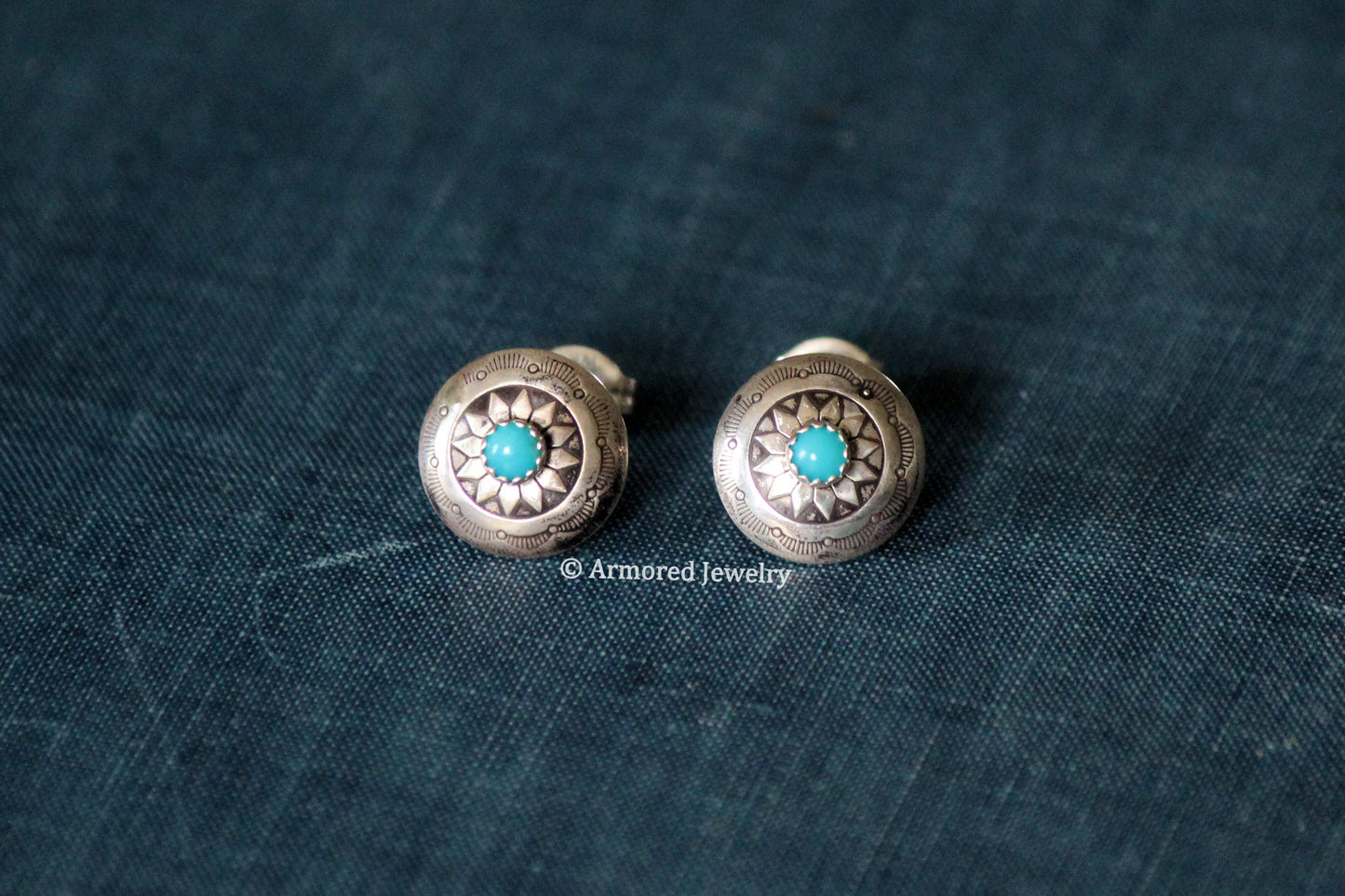 Sterling Silver Tiny Round Concho & Turquoise Stud Earrings