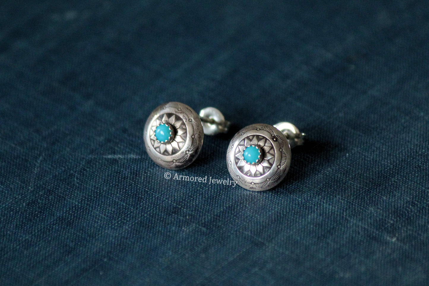 Sterling Silver Tiny Round Concho & Turquoise Stud Earrings