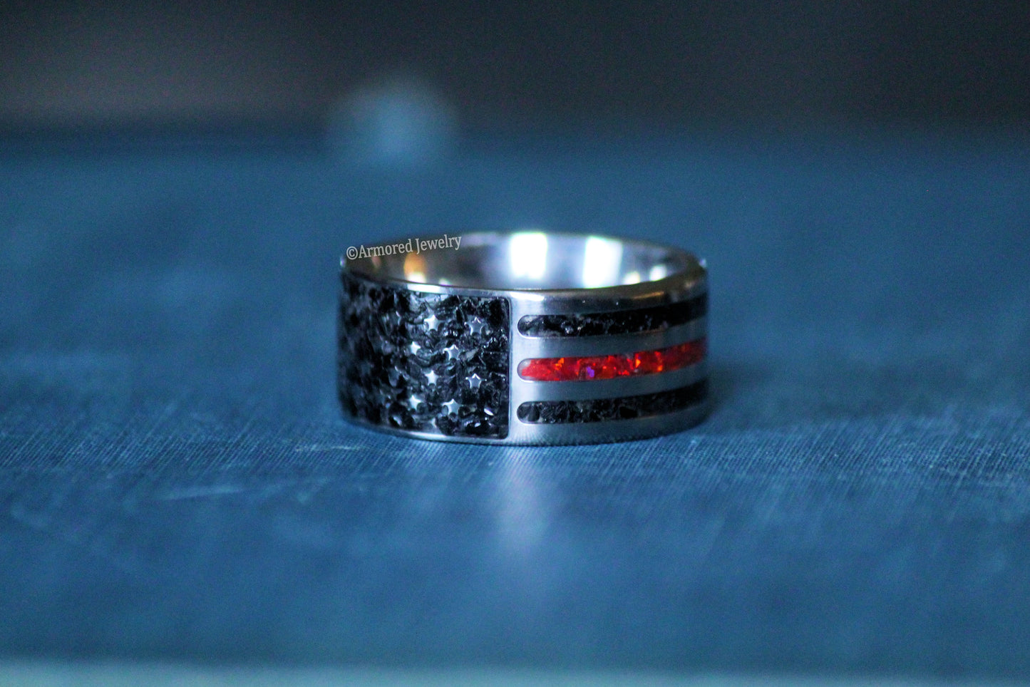 Titanium Inlay US Flag Firefighter Ring