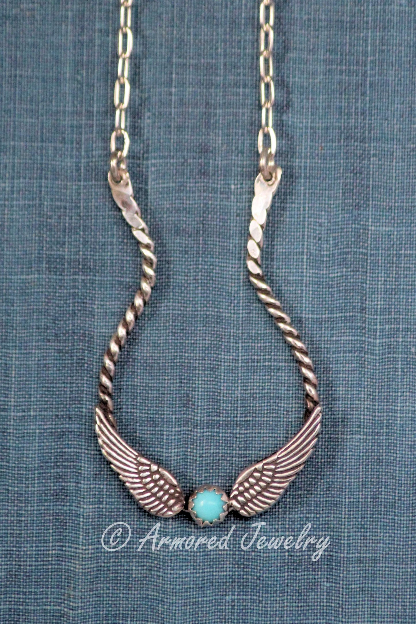Sterling Silver Double Angel Wing Turquoise Ring Holder Necklace