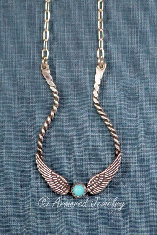 Sterling Silver Double Angel Wing Turquoise Ring Holder Necklace