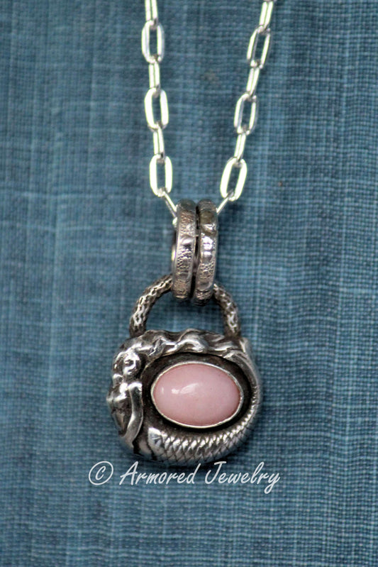Sterling Silver Pink Opal Mermaid Pendant Necklace