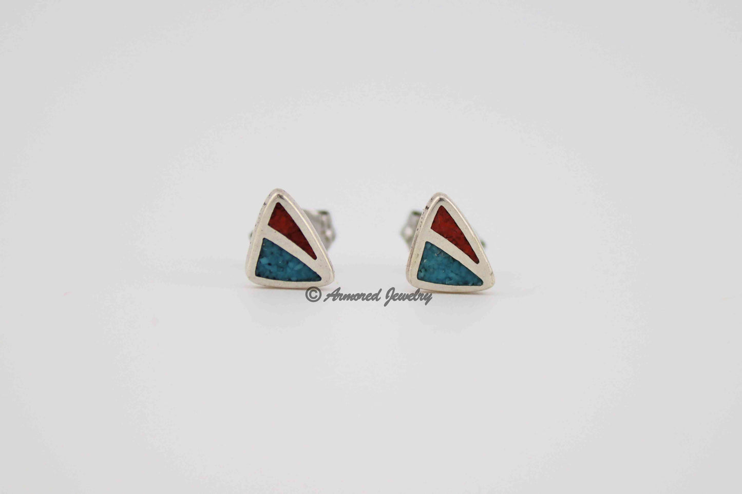 Sterling Silver Triangle Turquoise Coral Inlay Earrings