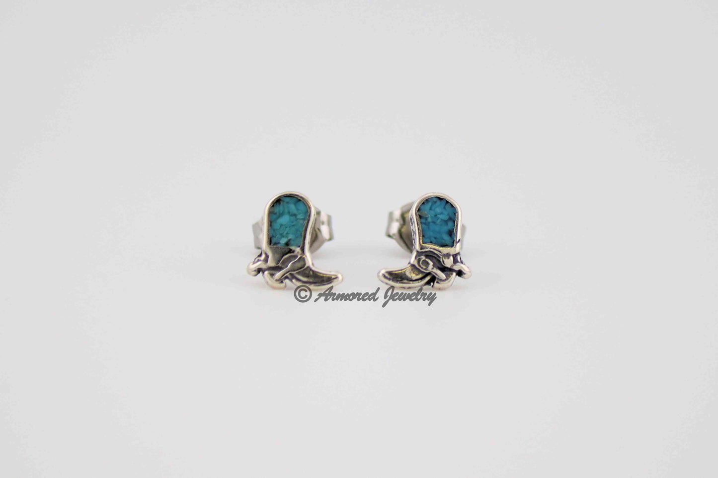 Sterling Silver Cowboy Cowgirl Boot Turquoise Inlay Earrings