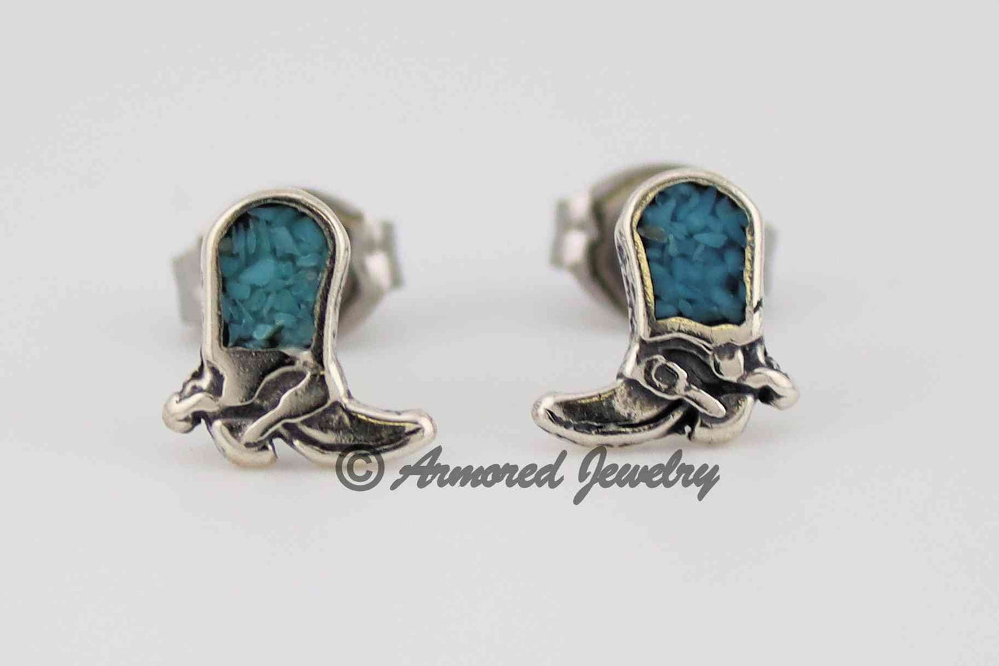 Sterling Silver Cowboy Cowgirl Boot Turquoise Inlay Earrings