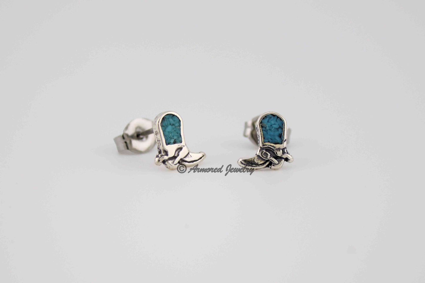 Sterling Silver Cowboy Cowgirl Boot Turquoise Inlay Earrings