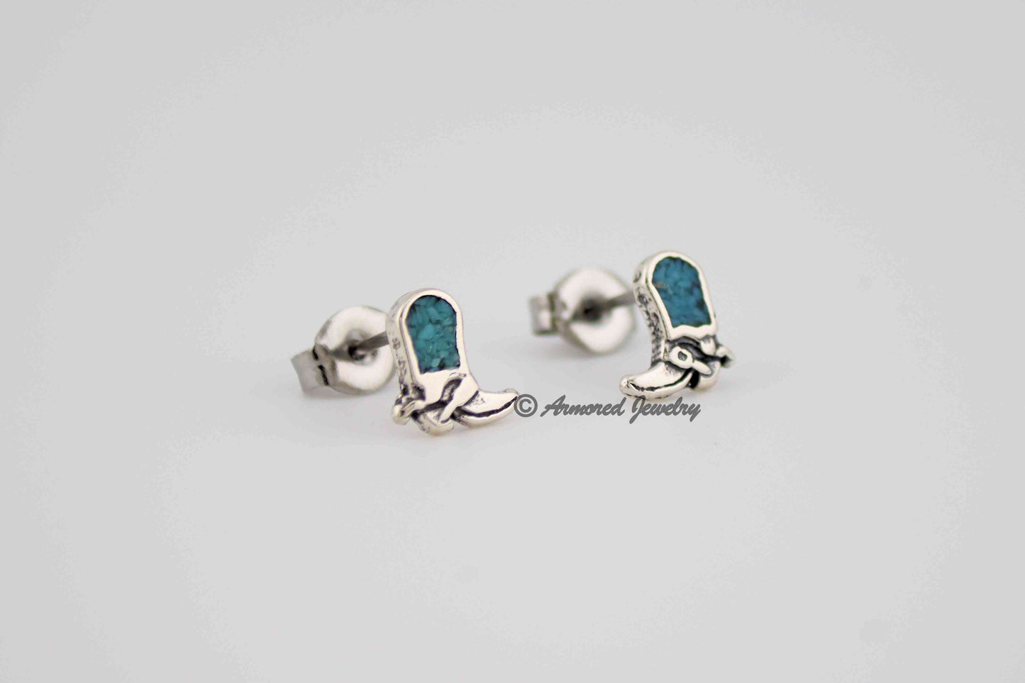 Sterling Silver Cowboy Cowgirl Boot Turquoise Inlay Earrings