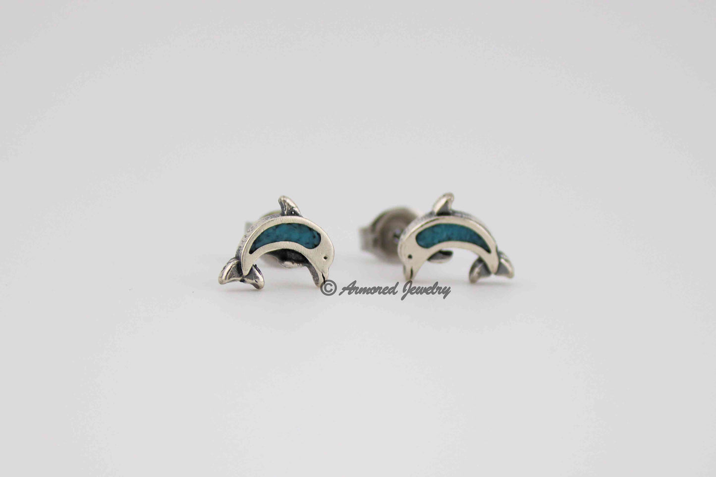 Sterling Silver Dolphin Turquoise Inlay Earrings