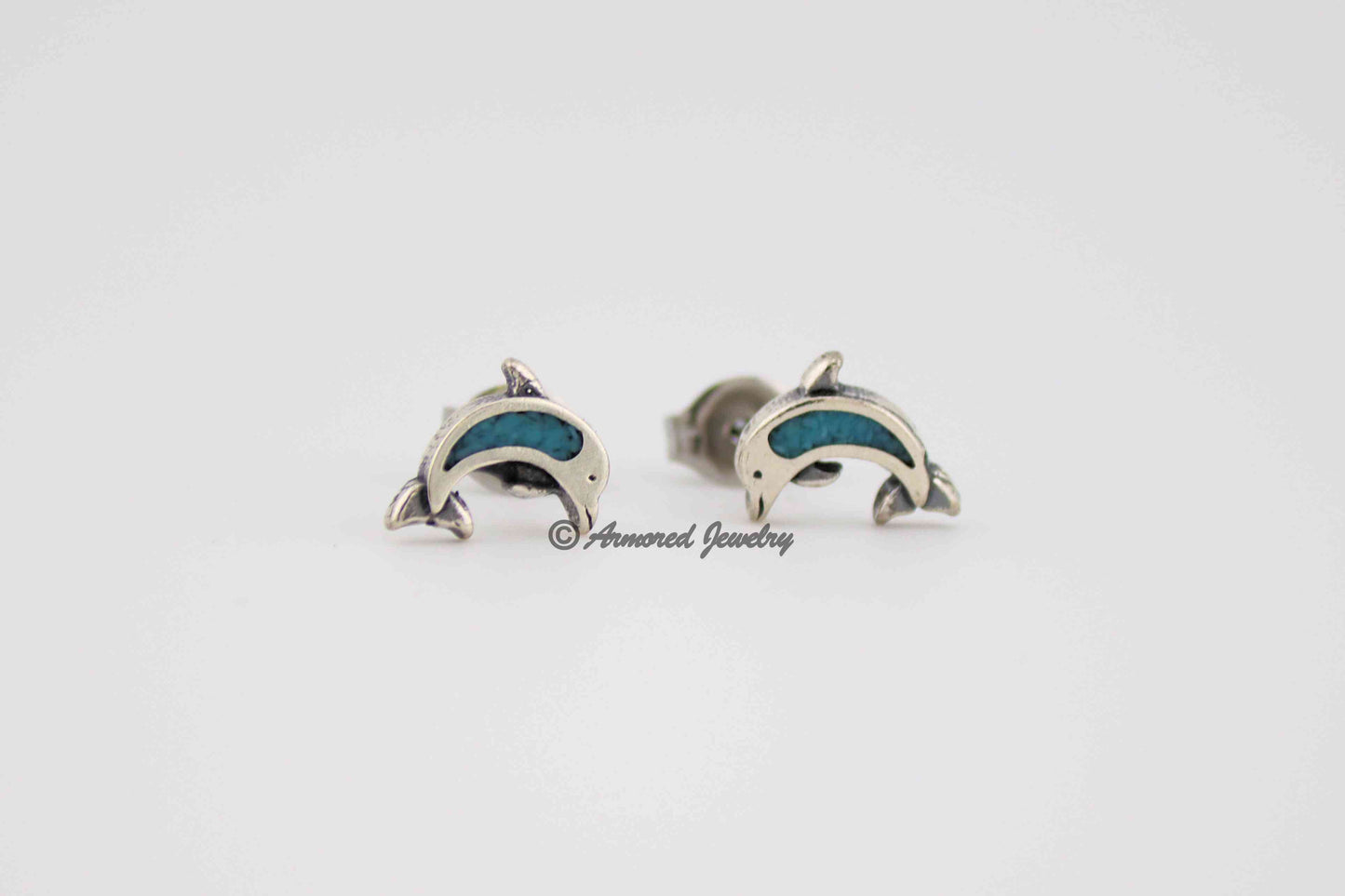 Sterling Silver Dolphin Turquoise Inlay Earrings