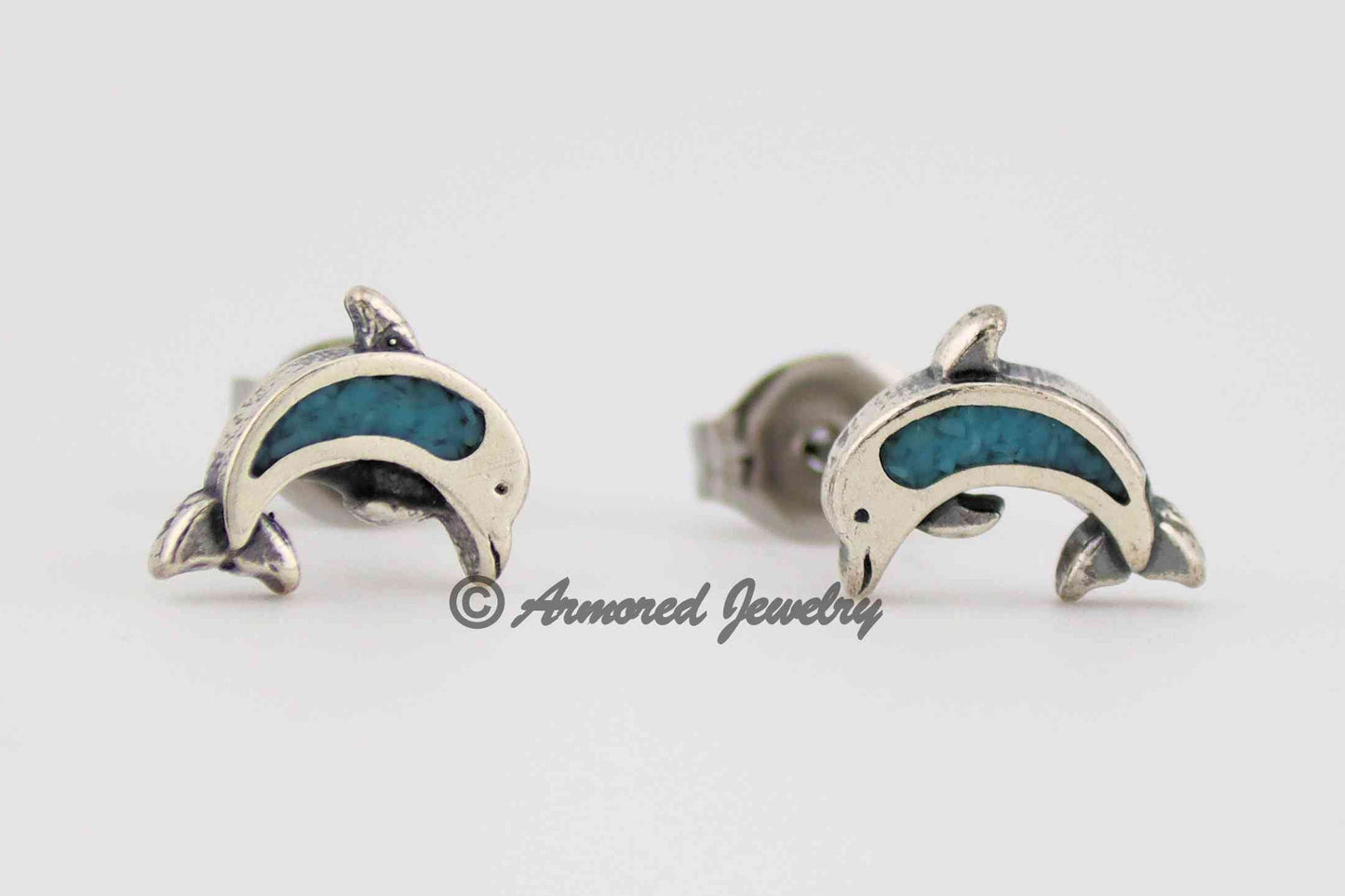 Sterling Silver Dolphin Turquoise Inlay Earrings