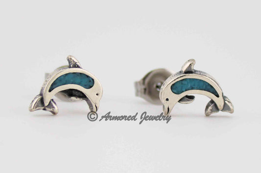 Sterling Silver Dolphin Turquoise Inlay Earrings