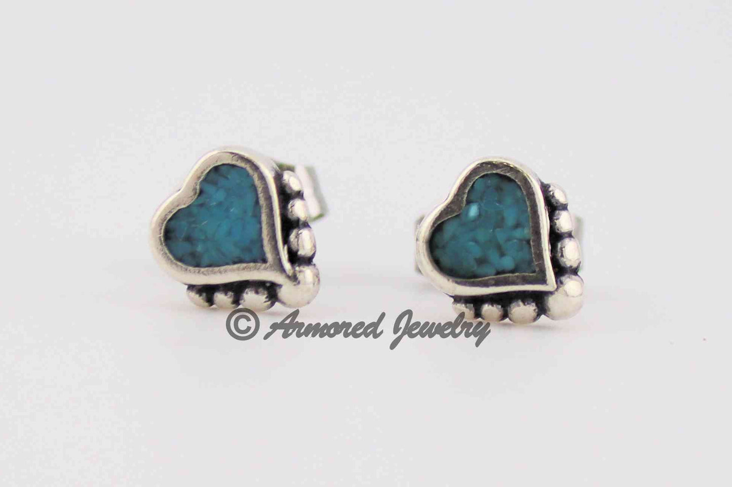 Sterling Silver Tiny Heart Turquoise Inlay Earrings