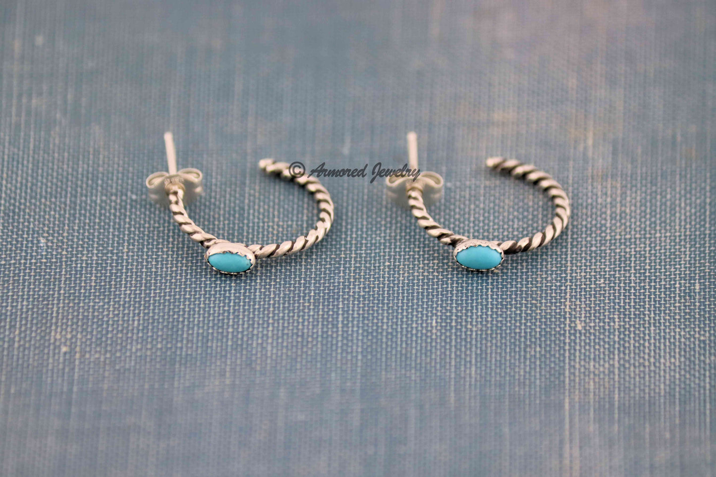 Sterling Silver MINI Rope & Turquoise Hoop Earrings