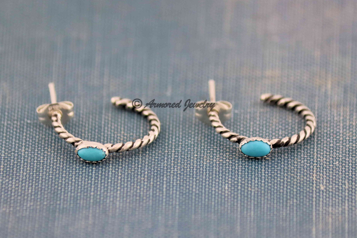 Sterling Silver MINI Rope & Turquoise Hoop Earrings
