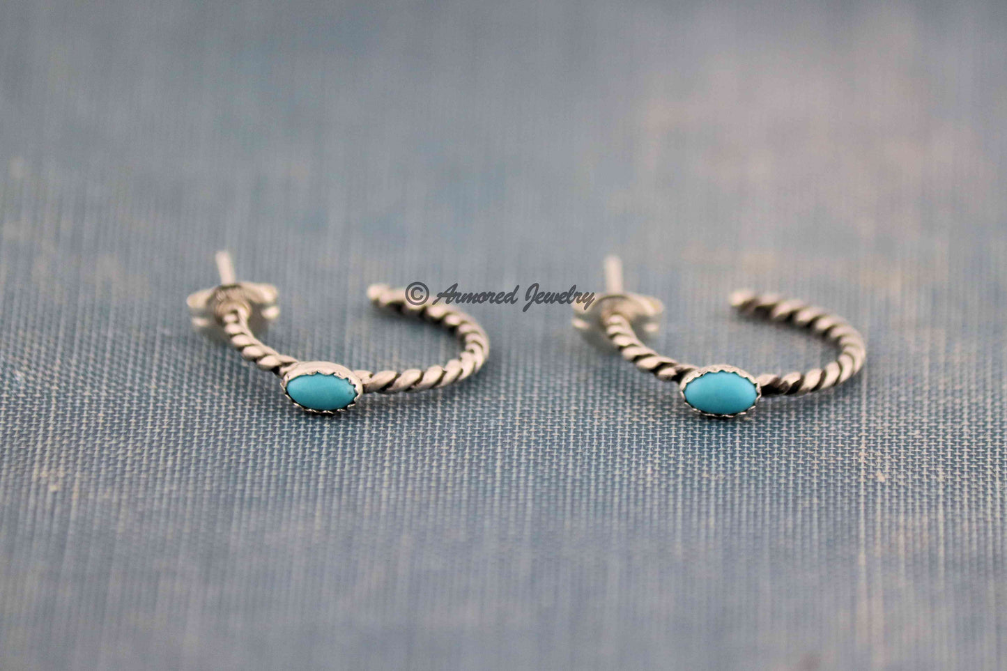 Sterling Silver MINI Rope & Turquoise Hoop Earrings