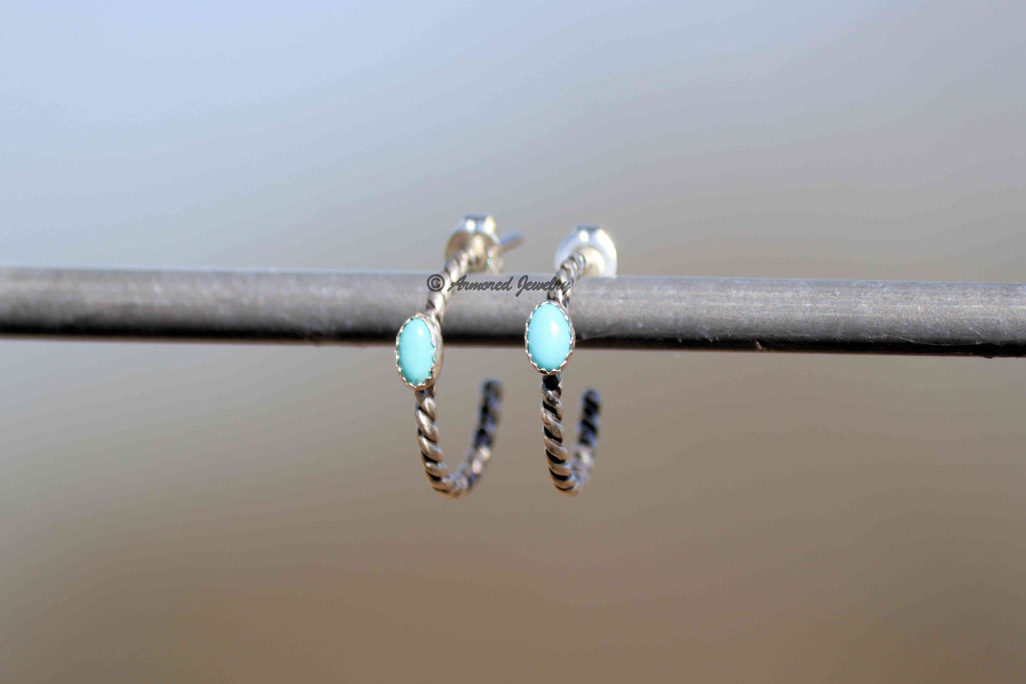 Sterling Silver MINI Rope & Turquoise Hoop Earrings