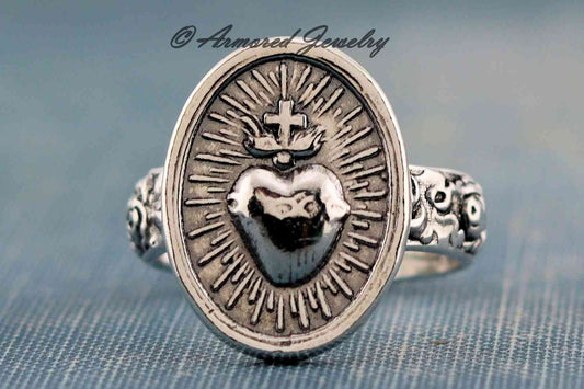 Sterling Silver Sacred Heart Rose Ring