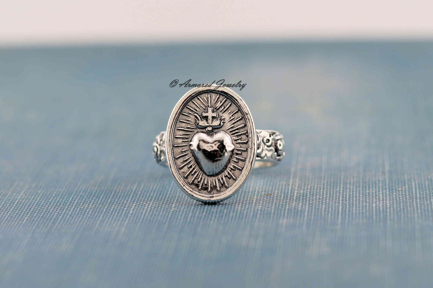 Sterling Silver Sacred Heart Rose Ring