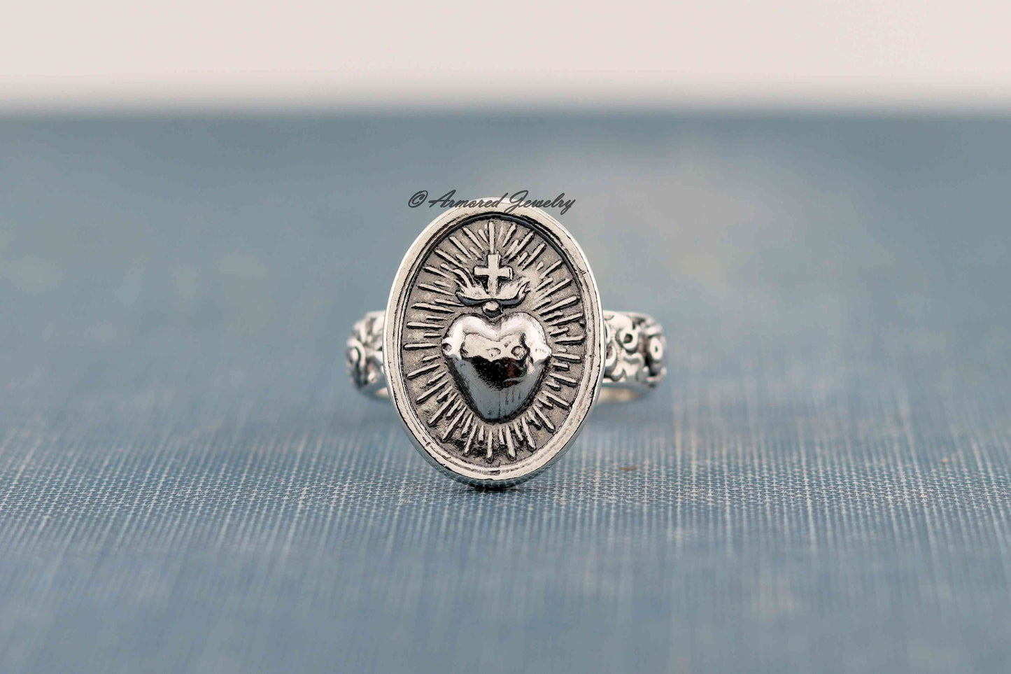 Sterling Silver Sacred Heart Rose Ring