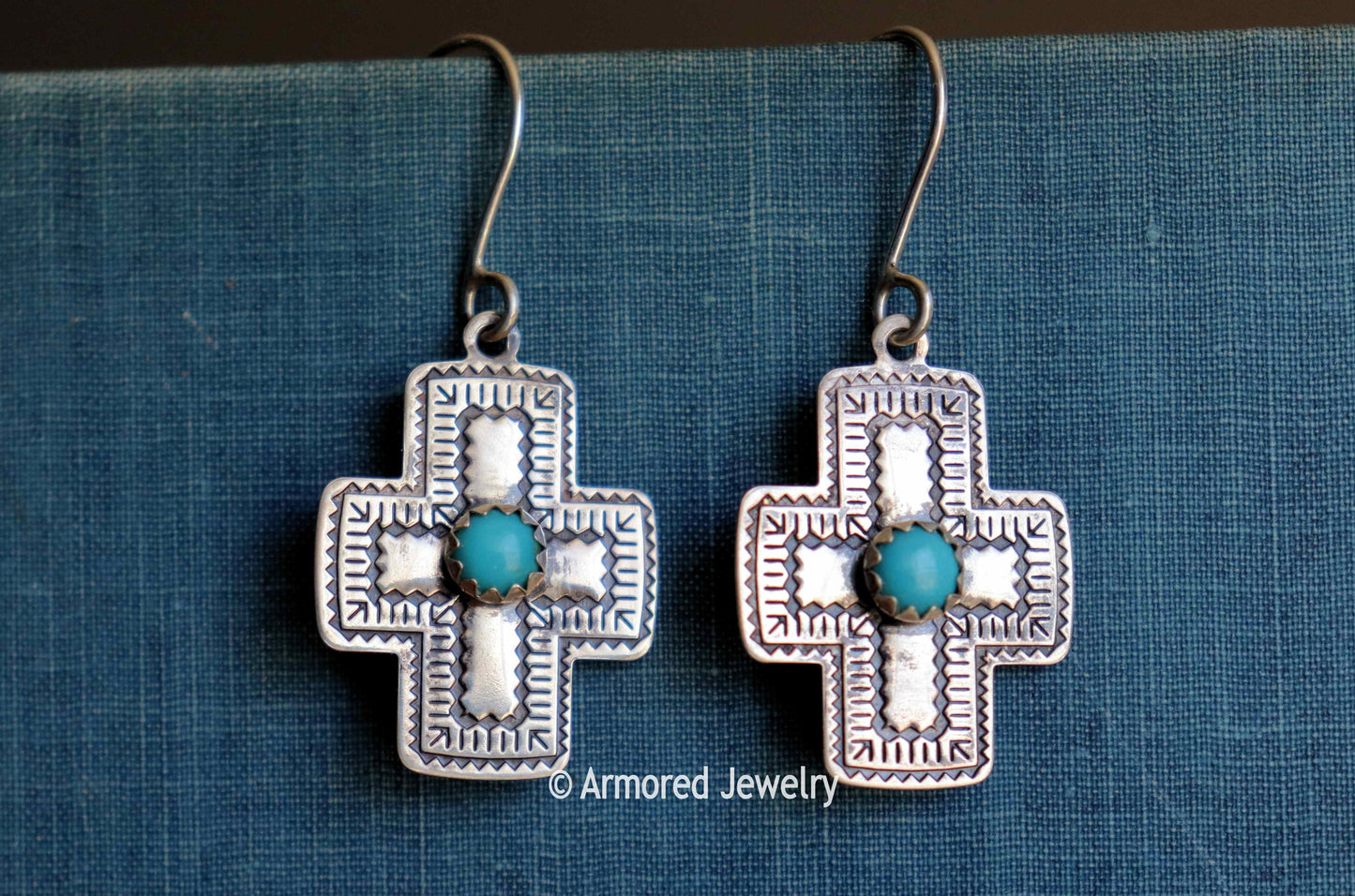 Sterling Silver Southwestern Cross Turquoise Earrings