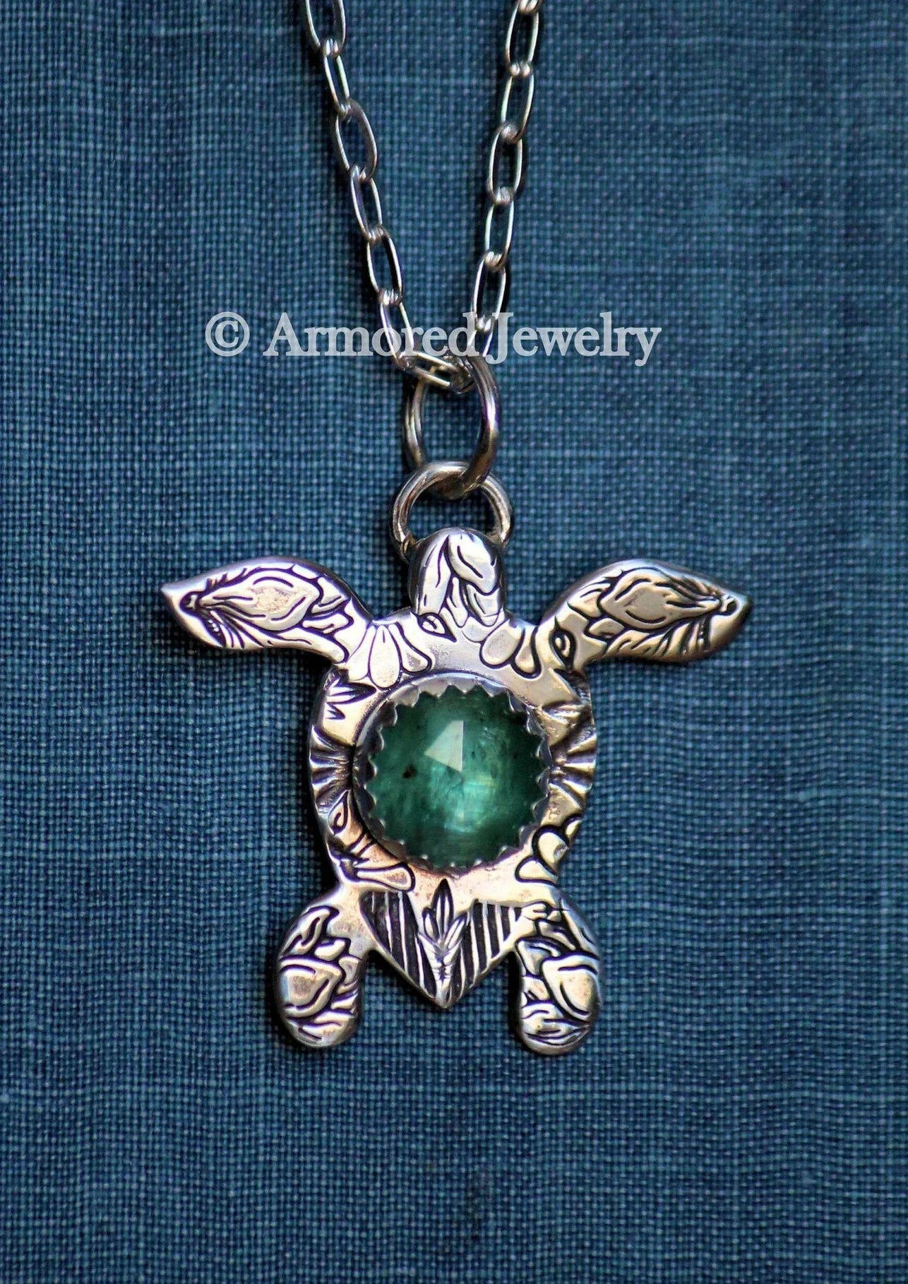Sterling Silver Sea Turtle Emerald Kyanite Pendant Necklace