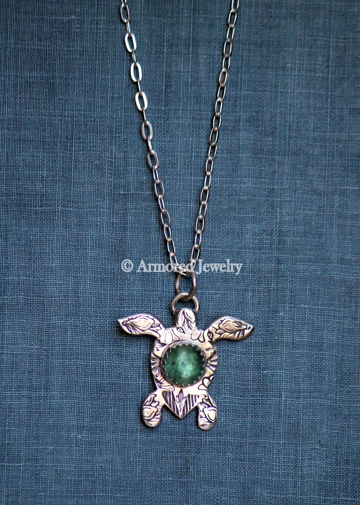 Sterling Silver Sea Turtle Emerald Kyanite Pendant Necklace